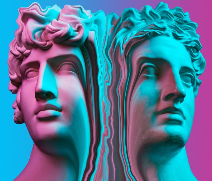 Collage with plaster antique sculpture of human face in a pop art style. Modern creative concept image with ancient statue head. Zine culture. Contemporary art poster. Retro design. Funky minimalism.